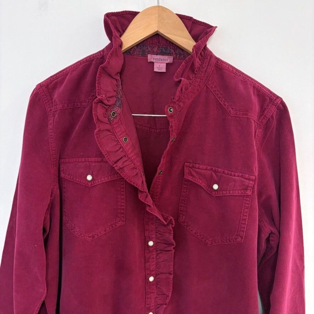 Sundance Burgundy Fine Corduroy Ruffle Front Pearl Snap Shirt Sz L Western Boho - Picture 3 of 8